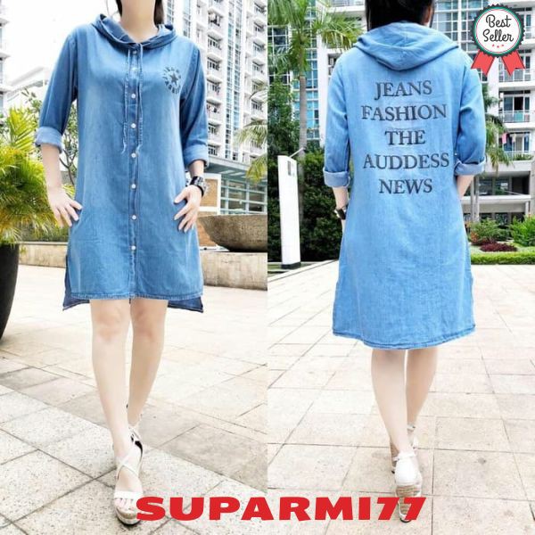 Baju Wanita Dress Rok Pendek Bahan Jeans Hoodie Tudung Penutup Kepala