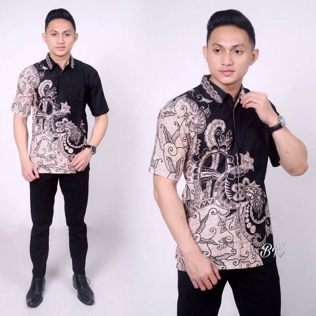 Kemeja batik pria lengan pendek original motif hitam manis kujang  atas sragam M L XL