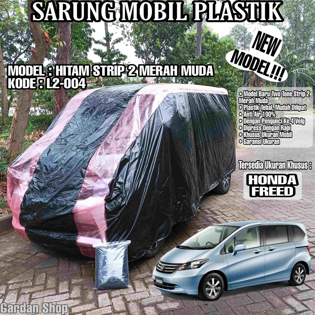Sarung Mobil Plastik HONDA FREED Hitam Strip 2 Merah Muda Full Anti Air Full Waterproof