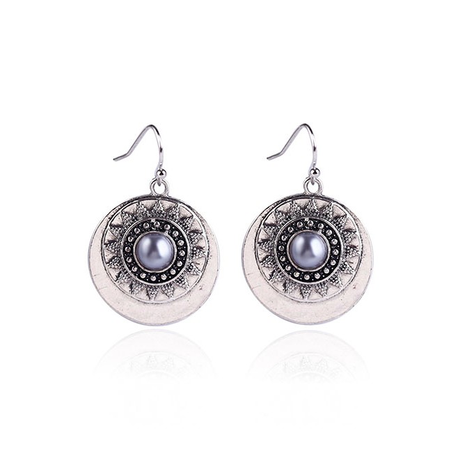 LRC Anting Gantung Fashion Silver Alloy Pearl Sun Flower Geometric Earrings D96511