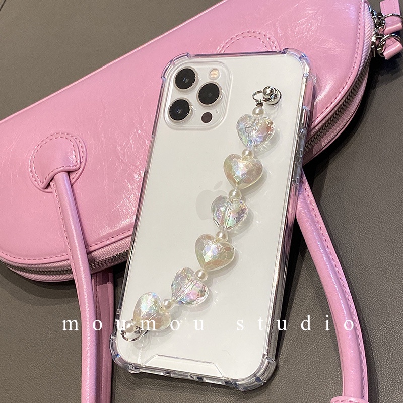 Case Transparan Motif Hati Dengan Rantai Mutiara Untuk Iphone 14 11 6 S 7 8 Plus SE2 XS XR 12 13 Mini PRO MAX