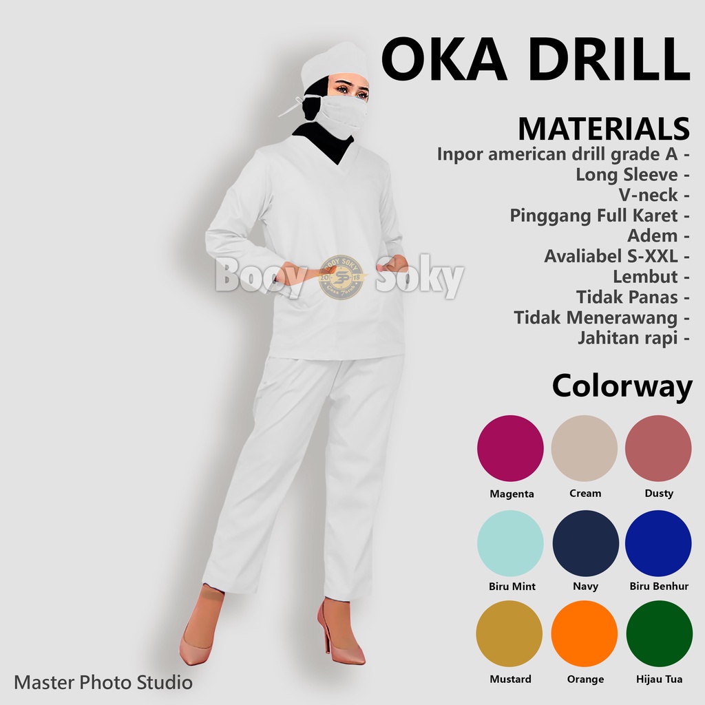 BAJU JAGA PERAWAT OK MEDIS LENGAN PANJANG WANITA PRIA SERAGAM OKA SCRUB MEDICAL AMERICAN DRILL TERBARU KEKINIAN V NECK SET WARNA PUTIH DAN ABU MEREK BOOY SOKY