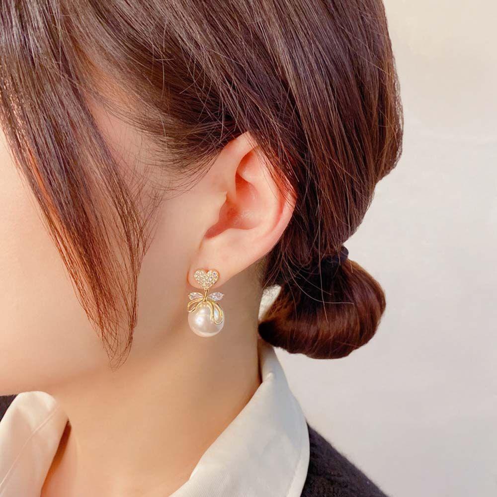 Needway   Busur Menjuntai Anting Trendi Cinta Hati Mutiara Imitasi Perempuan Geometris Aksesoris Telinga Korea Ear Stud