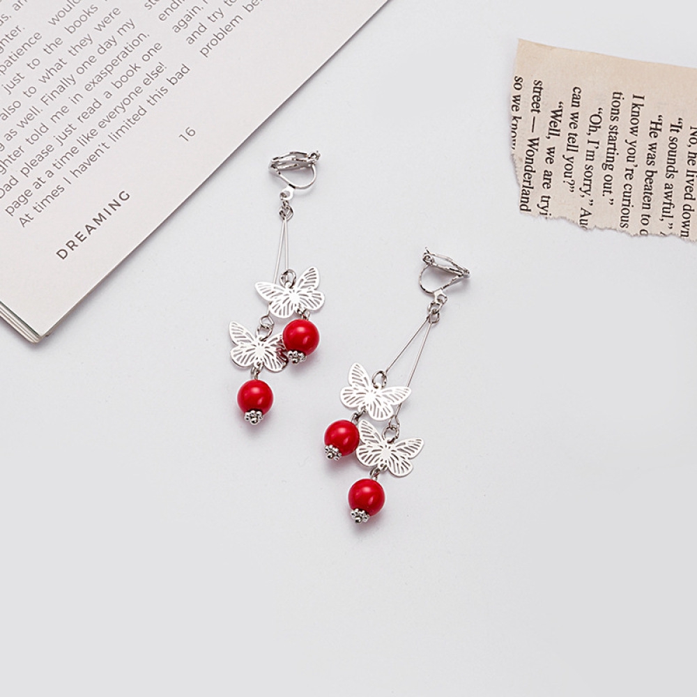 Anting Klip Tanpa Tindik Desain Kupu-Kupu Panjang Hias Mutiara Warna Merah Untuk Wanita