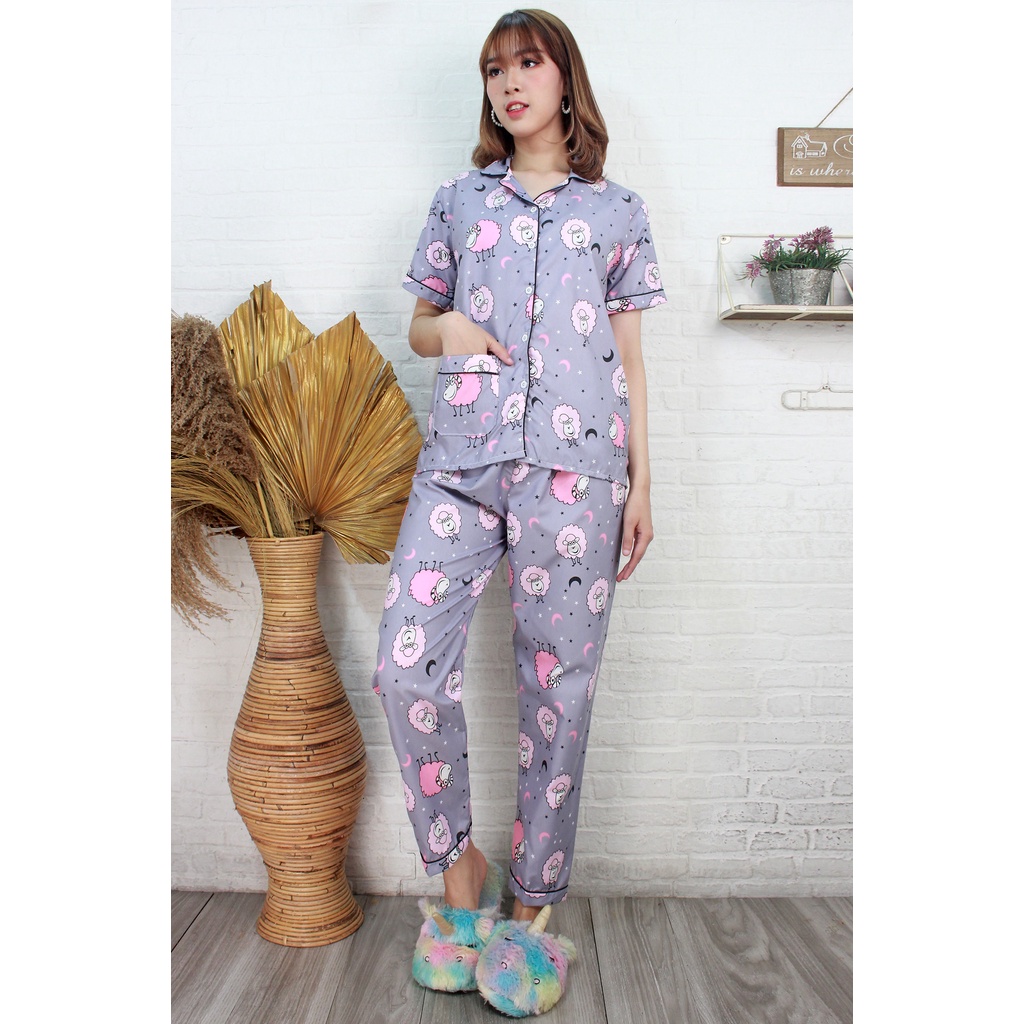 Baju Tidur Piyama Wanita Dewasa Setelan CP Motif Trendy-CPL SHEEP GREY