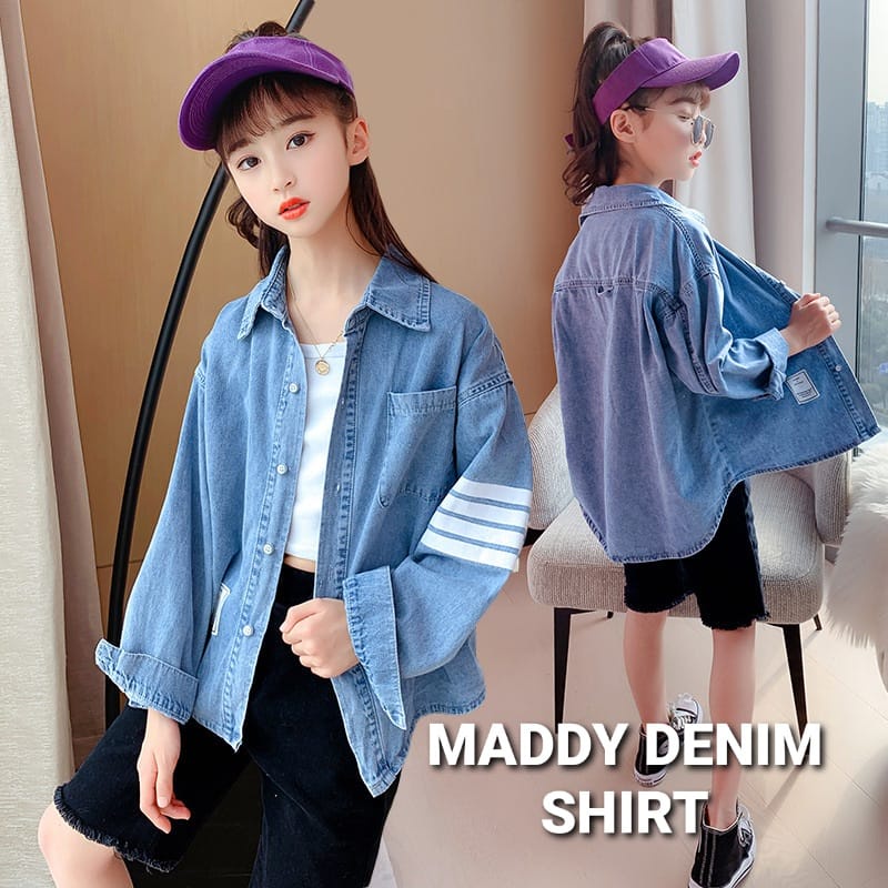 MADDY DENIM SHIRT KEMEJA JEANS CASUAL ANAK REMAJA CEWEK KOREA IMPOR LENGAN PANJANG KASUAL PEREMPUAN JINS