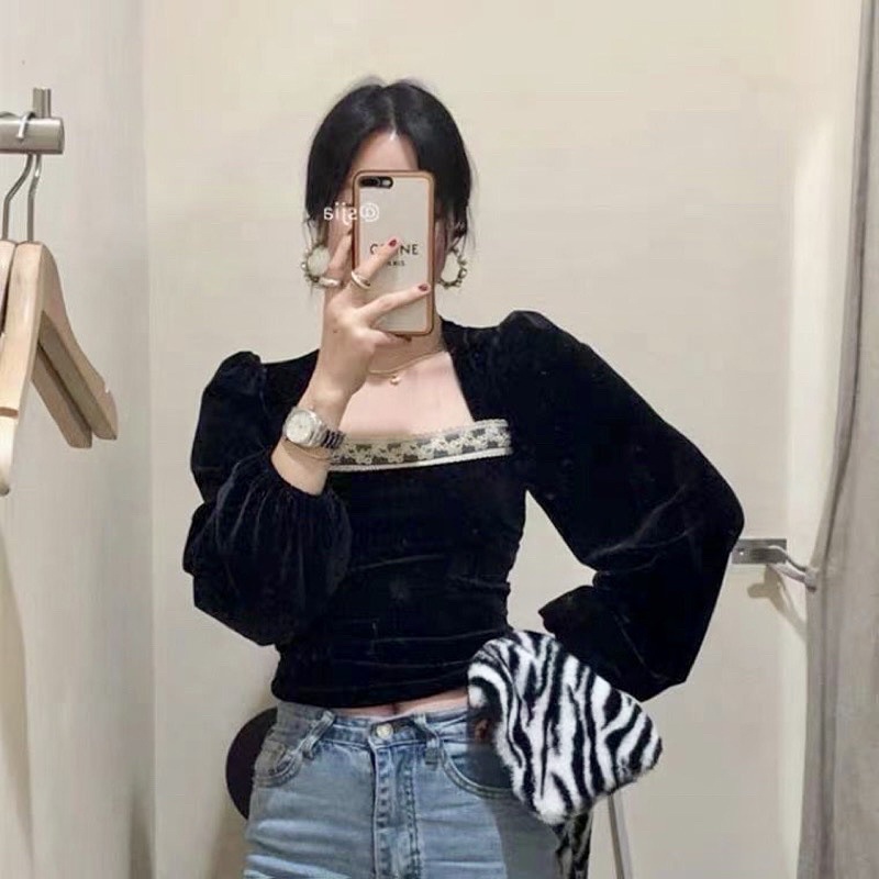 Darlene squareneck top korean puffy velvet blouse bludru longsleeve top vintage lace shirt