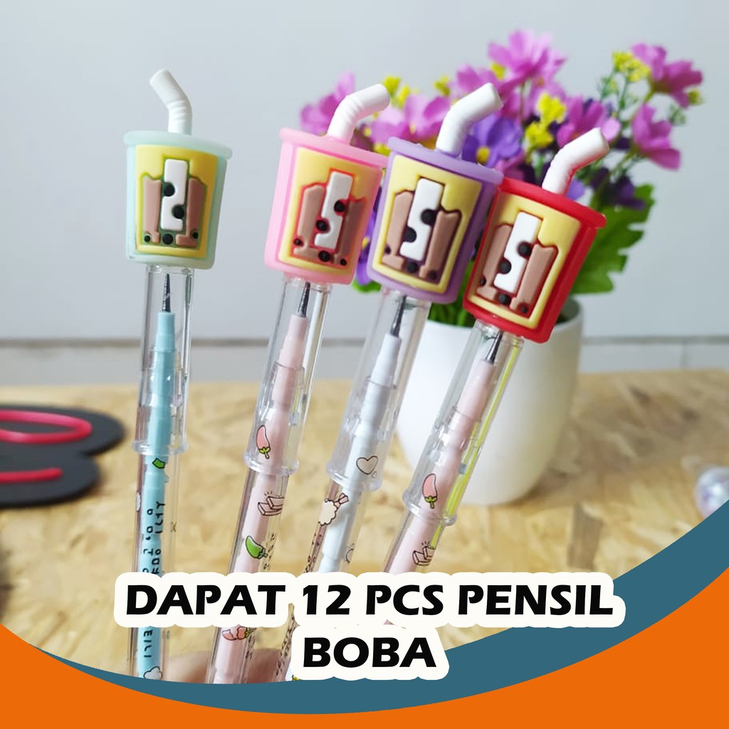 SELUSIN PENSIL BUBBLE TEA ISI 12 PCS PENSIL BOBA BENSIA MILK TEA PENSIL SUSUN KARAKTER