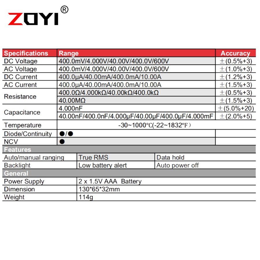 Zoyi ZT-82 Multitester Multimeter Avometer Capasitor Mikrofarad NCV