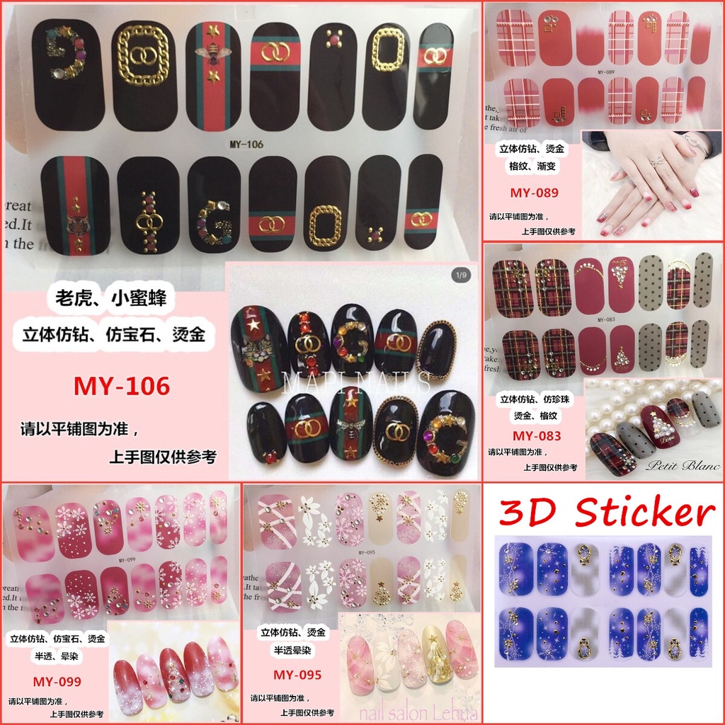 MY 14Pcs/Set Stiker Kuku 3d Desain Bermotif High End Berlian Mutiara Permata Warna-Warni Untuk Tempel Tahan Air Tahan Lama Menicure Stickers Korea Self Adhesive Fashion Sticker kuku Full Aksesoris Dapat Kupas Mudah Digunakan Dan Dilepas Anti Air Nail Art