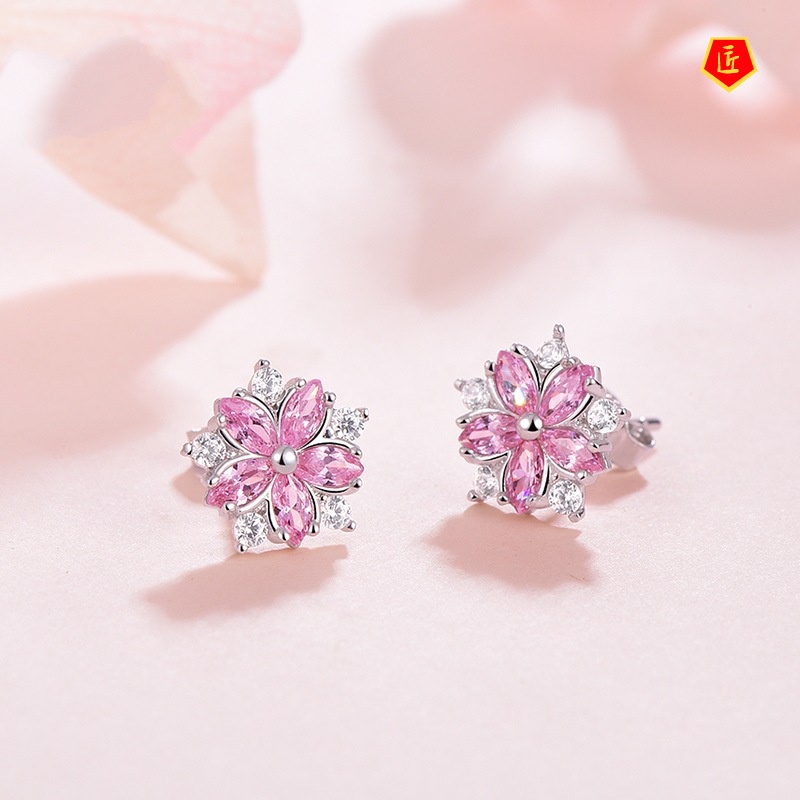 [Ready Stock]Pink Diamond Cherry Blossom Stud Earrings Elegant Sweet