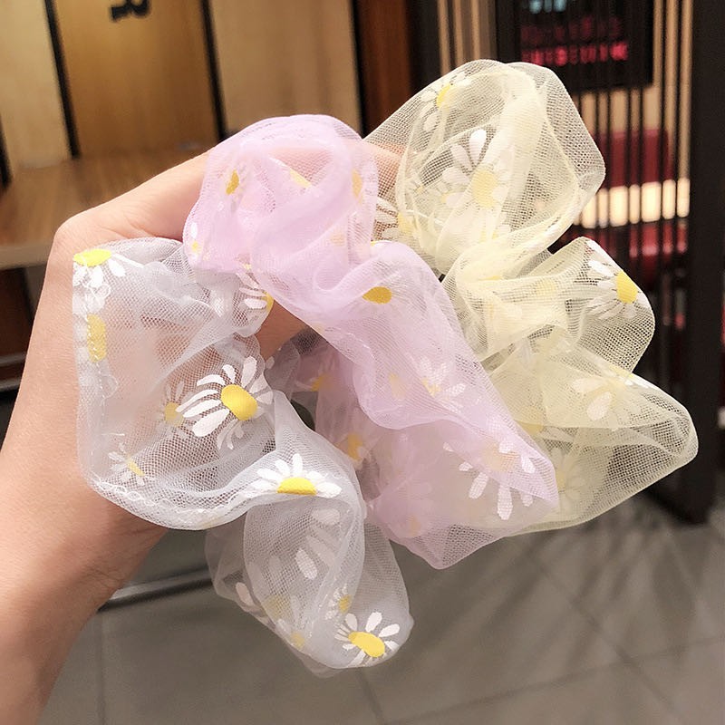 Ikat Rambut Elastis Aksen Bunga Daisy Bahan Mesh Gaya Korea Untuk Wanita/Scrunchie