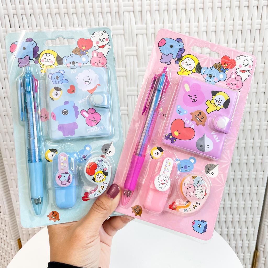 mykochen.ina Paket Alat Tulis 4in1 Karakter Lucu BT21 Buku Diary Pulpen Mini Solatip Souvenir Kartun