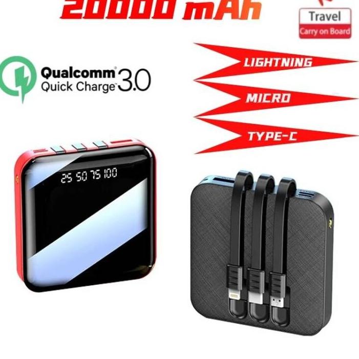 Langsung Kirim Powerbank 20000 mAh 3 Kabel Fast Charging Full Capacity Mini Dual USB Portable Digita