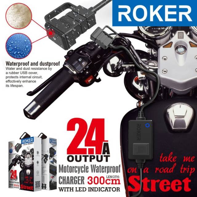 Charger Motor ROKER STREET 2.4A Waterproof Casan HP Aki Motor LED Ligh