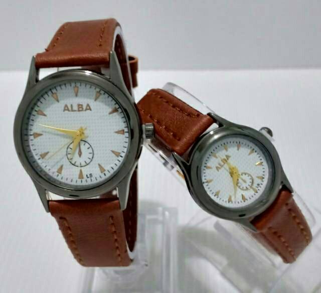 Jam Tangan Couple/Pria/Wanita Alba Kulit Detik Bawah Off Plat Putih