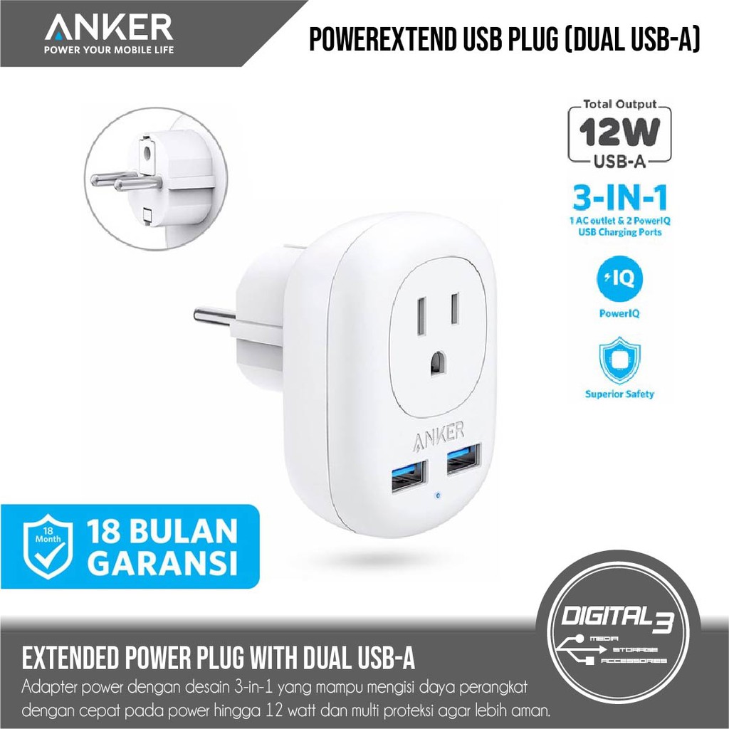 Anker PowerExtend Adapter US Plug Plus Dual USB Charger 12W A9211