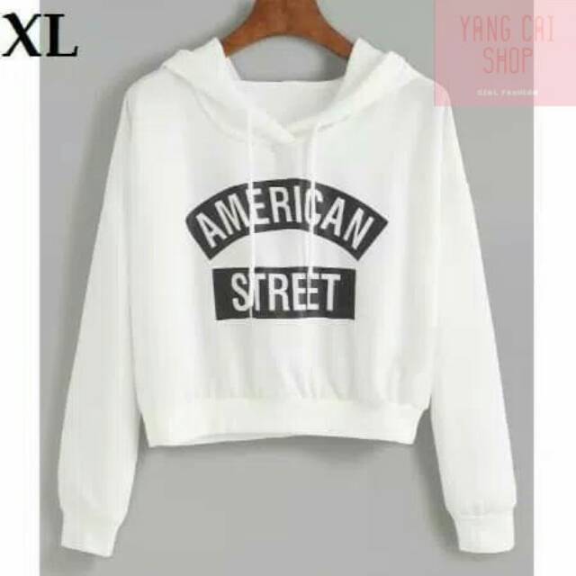 Sweater Jumbo Wanita Crop Hoodie AMERICAN STREET Fit XL - Putih