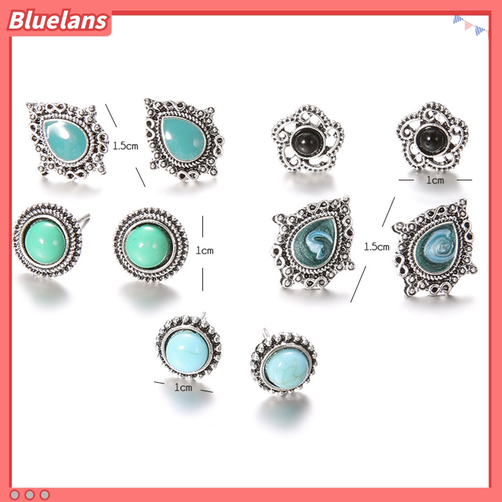 Bluelans 5 Pasang Anting Tusuk Gantung Desain Bunga Hias Turquoise Imitasi Gaya Bohemian Untuk Wanita