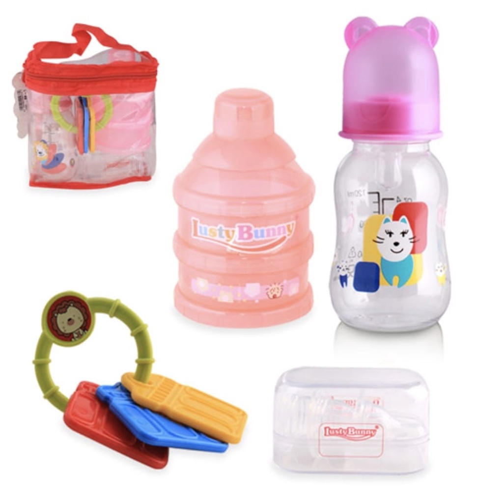 Kado Bayi LUSTY BUNNY 4 in 1 / 2in1  Bingkisan Botol Susu Bayi Lusty Bunny BK-1 Gift Baby Isi Botol susu 120ml, Dot, Mainan, Wadah susu bayi BK1 kado Bayi newborn new born baru lahir