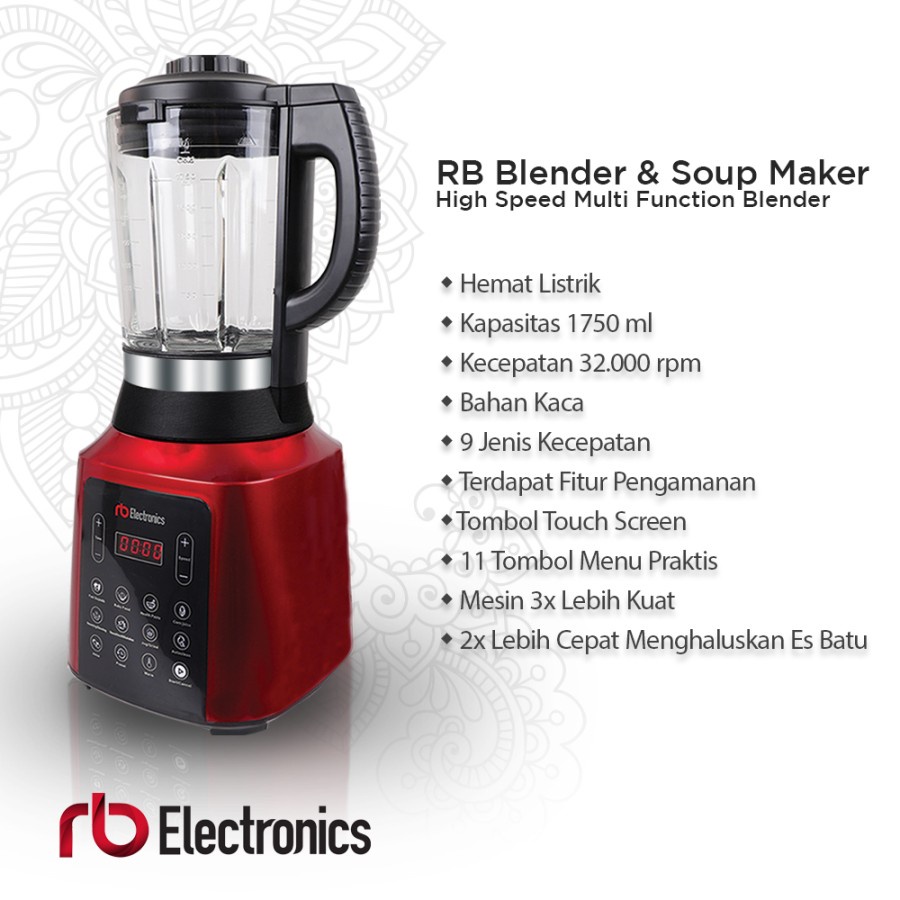 RB Blender Glass &amp; Soup Maker Multi Fungsi 11 in 1 Kapasitas 1750 ml