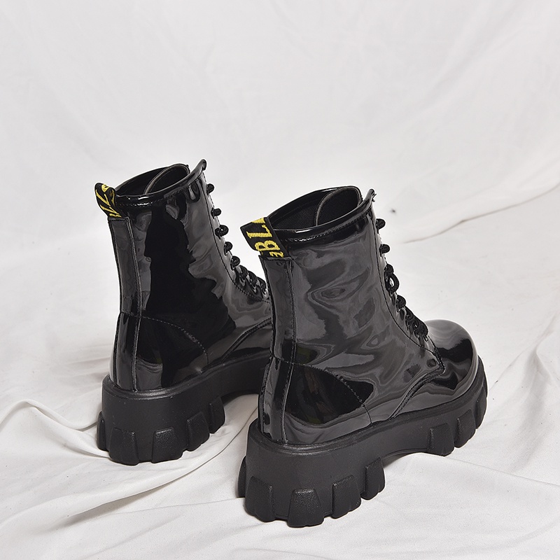 Sepatu Ankle Boots Docmart Wanita Import Korea Bot Kulit Paten Tali Karet Murah Hitam Big Size Korean Style Black Platform Booties - Ukuran 35 36 37 38 39 40 41