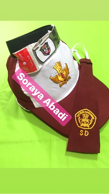 Paket Topi SD MERAH PUTIH Bordir + Gesper + Dasi Bordir PEREMPUAN