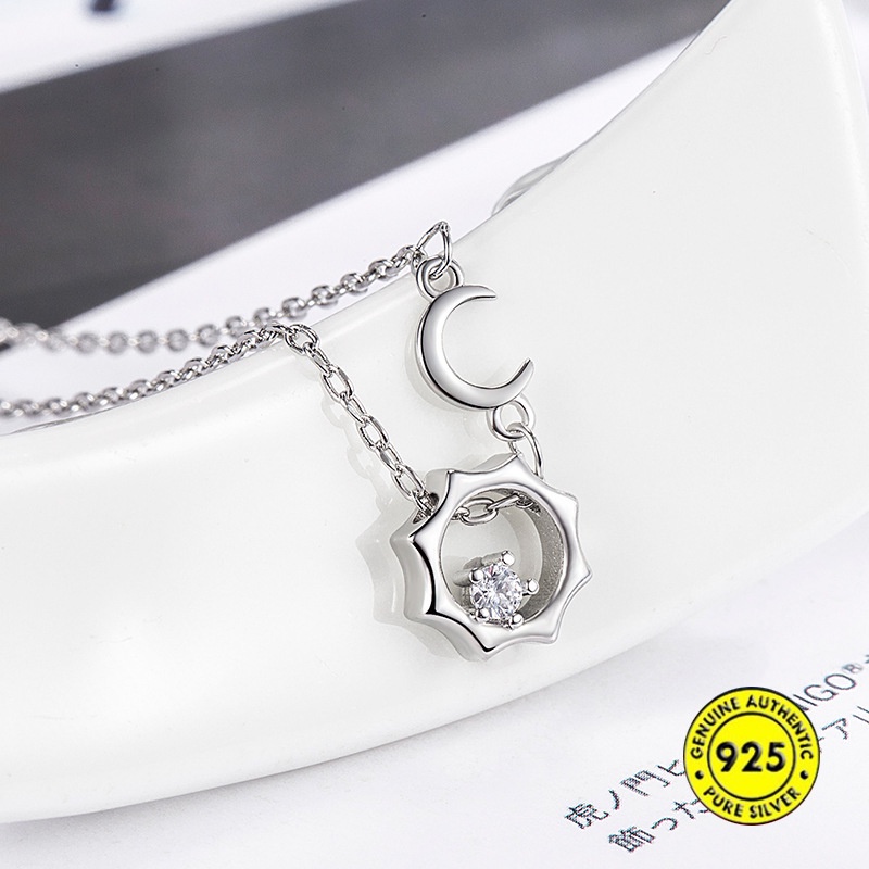 Kalung S925 Silver Bentuk Matahari Bulan Bintang Aksen Zirkon AAA Untuk Perempuan