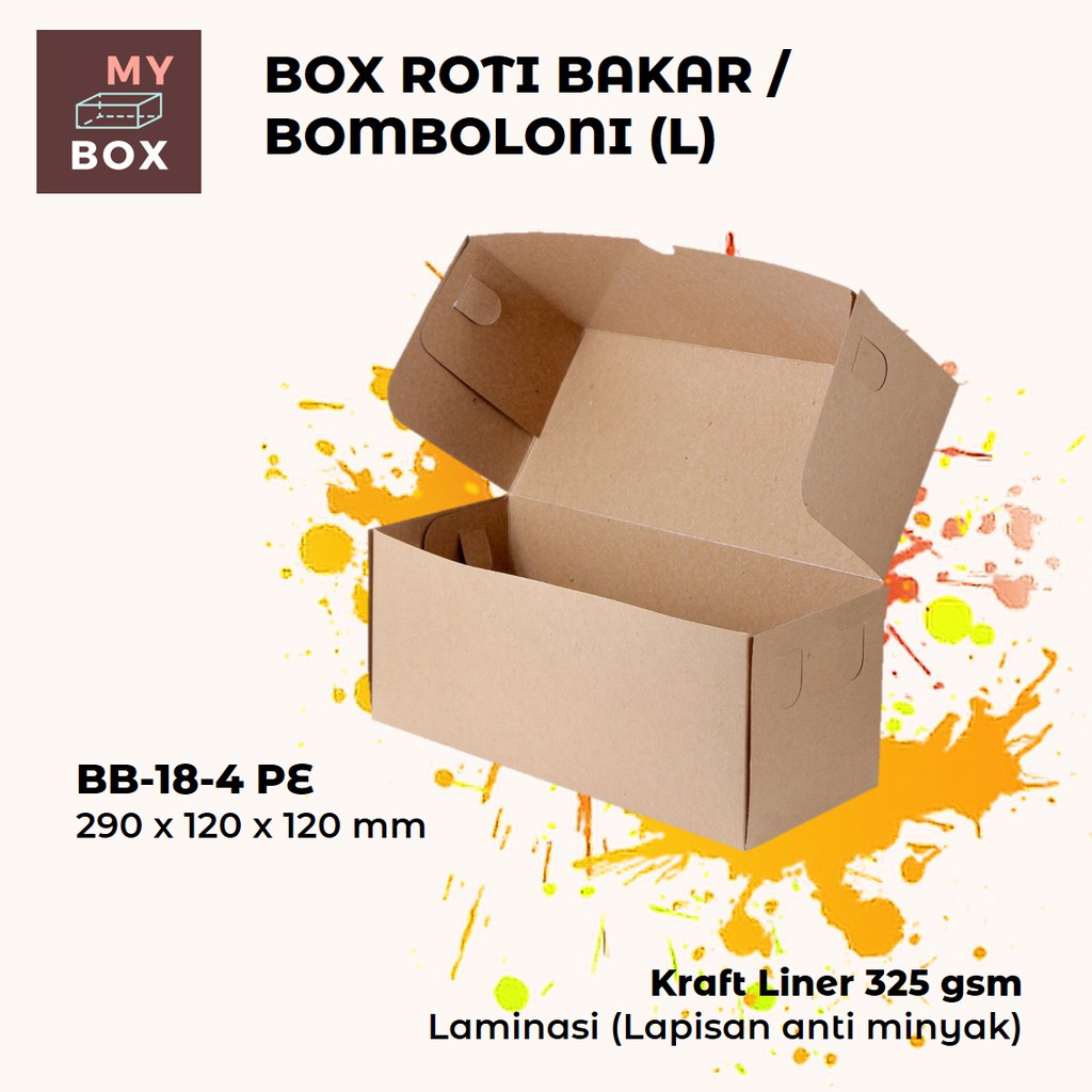 

BOX DUS KARDUS KOTAK ROTI BAKAR BOMBOLINI KUE DONAT BOLU (S) 29x12x12 cm KRAFT 325 gsm LAMINASI