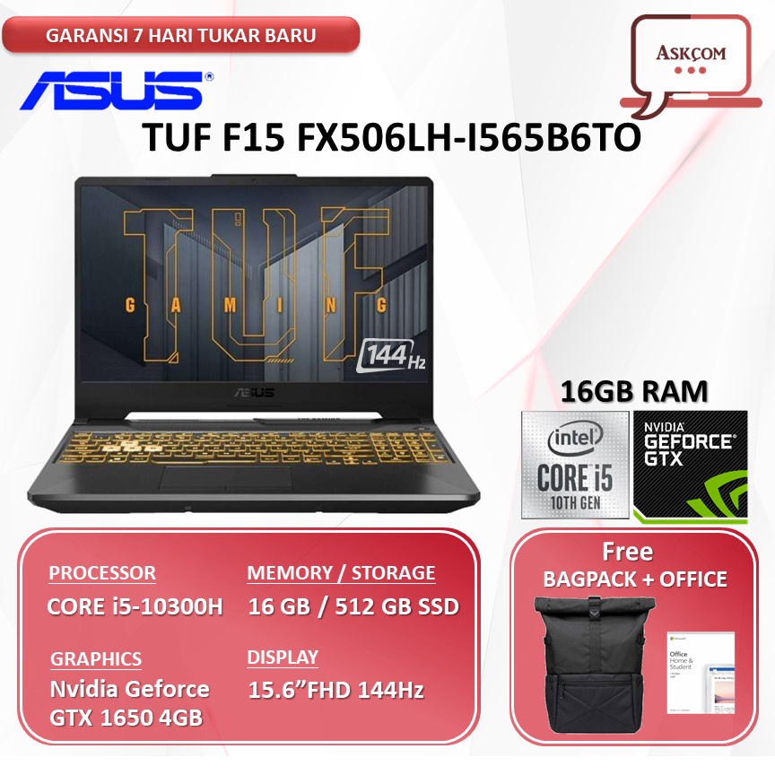 ASUS TUF FX506LH I565B6T i5 10300H 16GB 512ssd GTX1650 4GB 15.6FHD 144Hz Windows10+OHS 2019 GREY