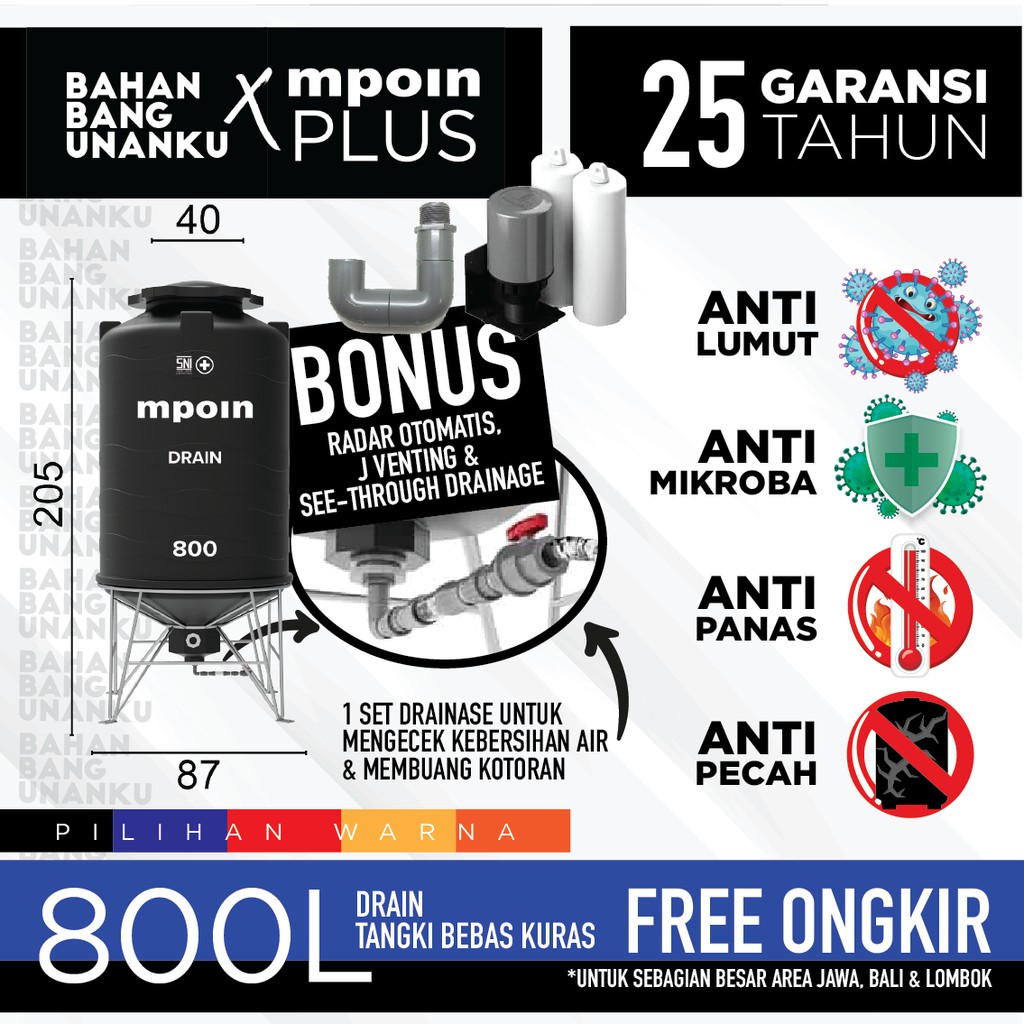 Tangki Air Mpoin Plus 800 L Wave Drain Anti Lumut