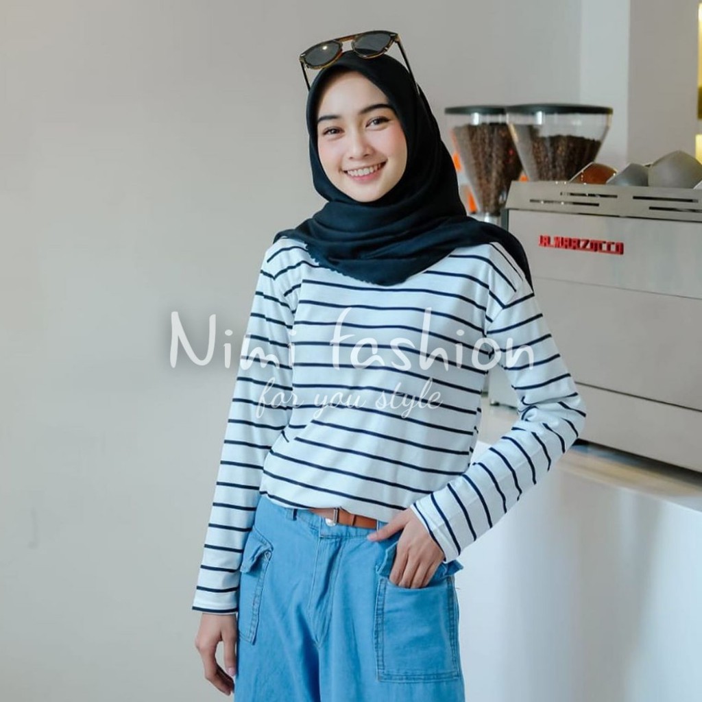 KAOS SALUR WANITA LENGAN PANJANG BAYAR DI TEMPAT (COD) / BAJU ATASAN WANITA I HITAM PUTIH I SPANDEK