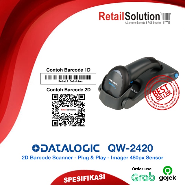 Barcode Scanner 1D USB Auto-Sense - Datalogic QW2420 / QW-2420 / QW2400