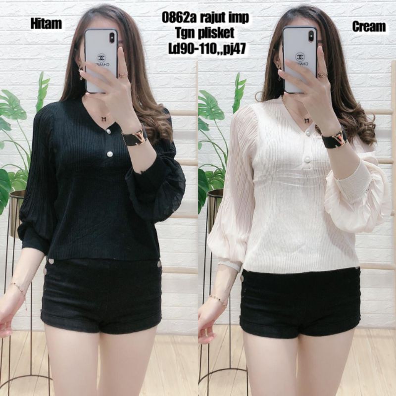 Blus Rajut import Kombi plisket halus