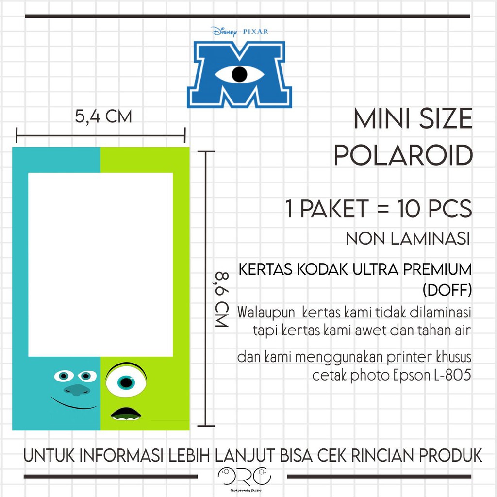 CETAK POLAROID MINI SIZE DISNEY EDITION MONSTER INC NON LAMINASI