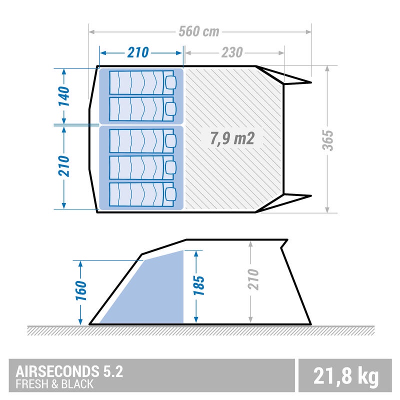 QUECHUA Tenda Air Family 5.2 XL Fresh &amp; Black 5 Orang 2 Kamar