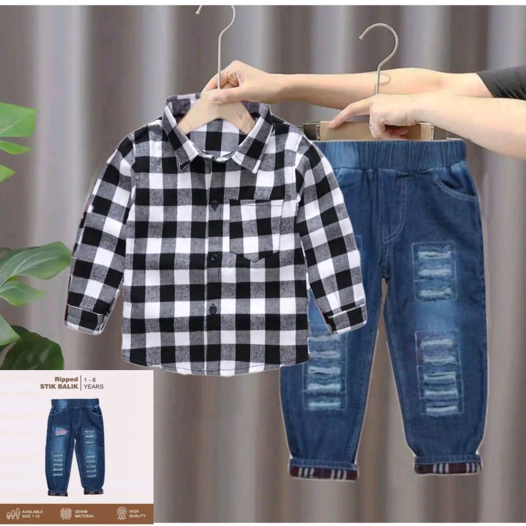 SETELAN KEMEJA FLANEL ANAK DAN JEANS STIK BALIK ANAK LAKI LAKI 1-7 TAHUN TERLARIS / SETELAN KEMEJA DAN LEVIS PANJANG ANAK / SETELAN LEBARAN ANAK