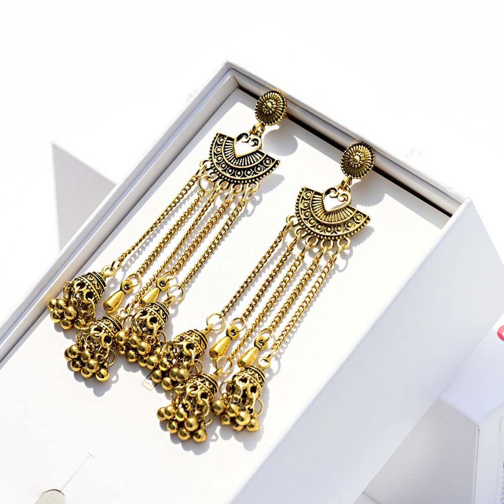 NEEDWAY Needway Giwang Anting Rumbai Panjang Elegan Vintage Lonceng Gipsi Hadiah Wanita India Jhumka Drop Earrings