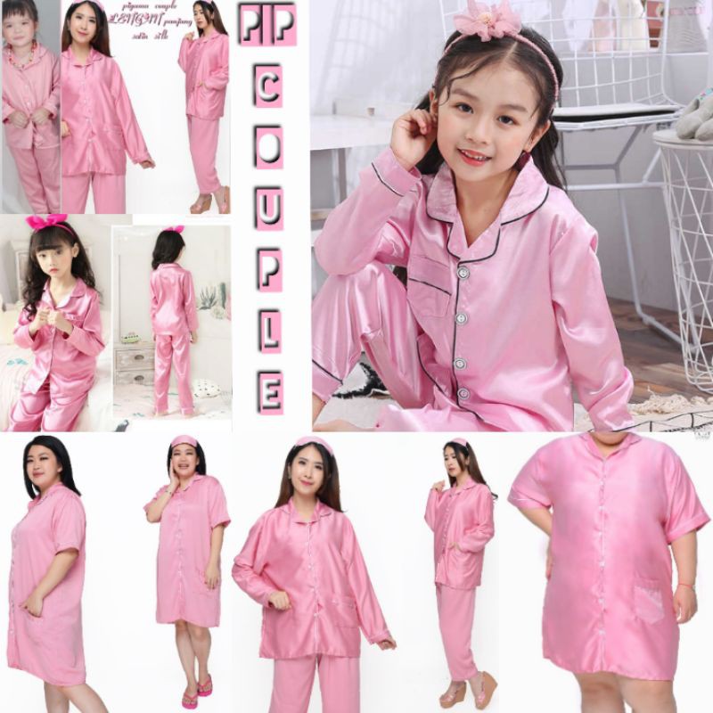 Piyama Couple Ibu Dan Anak Satin Polos Dusty Pink Baju Lengan Panjang Celana Panjang PP DUSTY PINK