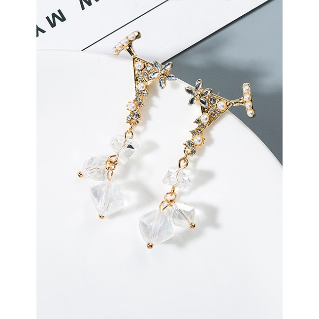 LRC Anting Tusuk Fashion Gold Small Flower-studded Fringed Crystal Earrings F89487