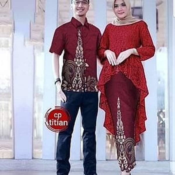 SETELAN KEBAYA MODERN COUPLE BATIK / KEBAYA BROKAT MAROON       Terusan