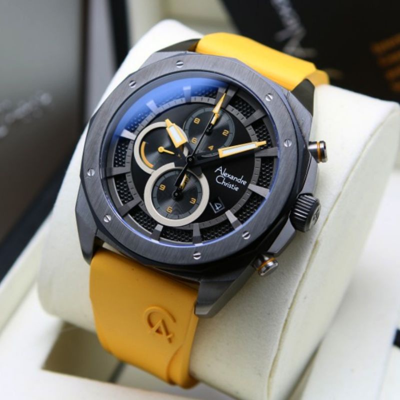 Alexandre Christie Original AC 6611 Jam Tangan Pria Tali Karet kuning hitam