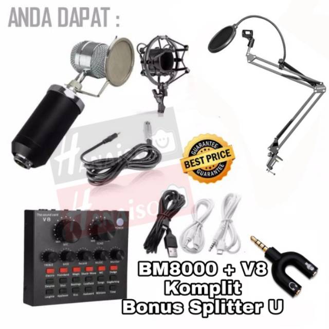 Termurah Medan 2KG PAKET REKAMAN MIC BM8000 BM 8000 + V8 SOUNDCARD MIXER STAND Microphone Condensor bm800