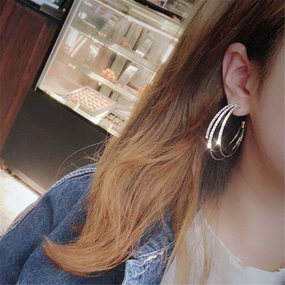 R-flower 1pasang Anting Hoop Kristal Mode Bulat Lingkaran Besar Berlian Imitasi Menjuntai Perhiasan