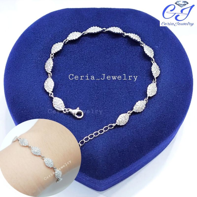 GELANG PERAK ASLI SILVER 925 LAPIS EMAS PUTIH MODEL OVAL MATA PUTIH - PERHIASAN WANITA