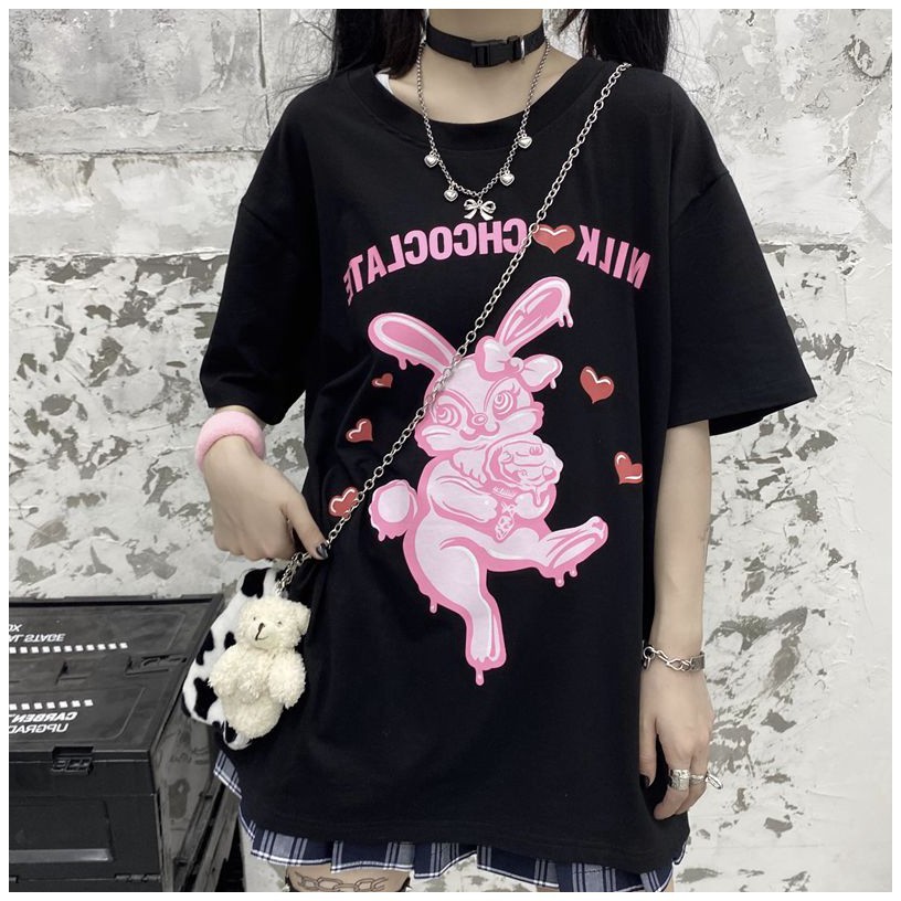 KBS-91 kaos full print kelinci rabbit black and pink oversize t-shirt import korea jepang