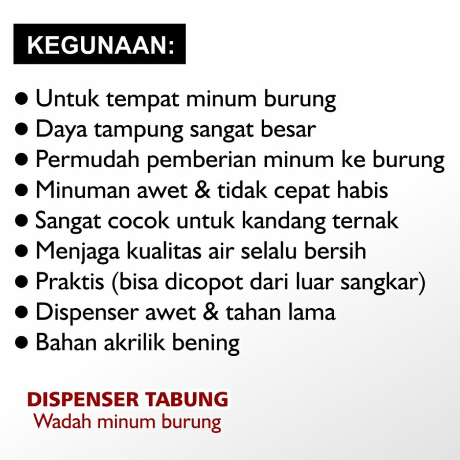 DISPENSER TABUNG CEPUK WADAH PAKAN MINUM BURUNG KACA AKRILIK