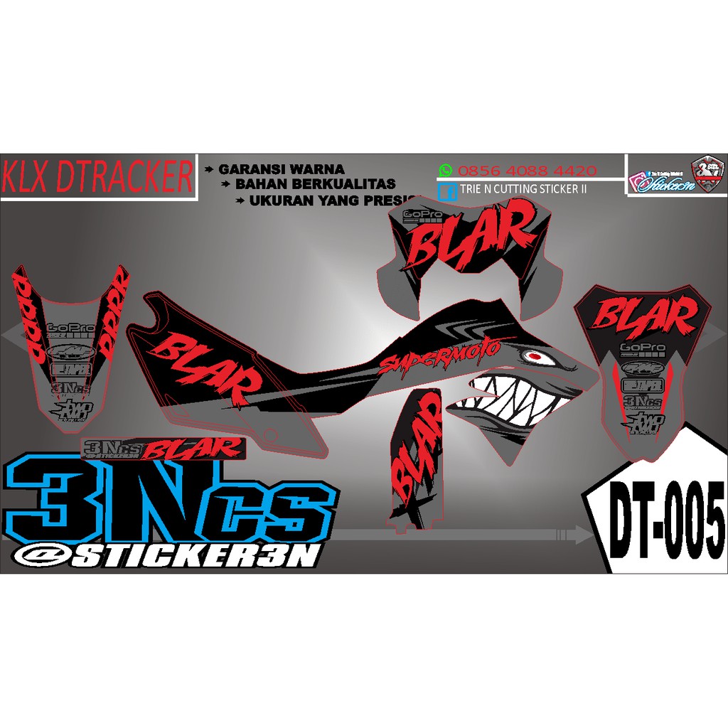 Decal KLX DTracker Hiu shark, decal klx dtracker hitam hiu shark bisa rubah nomor dan nama