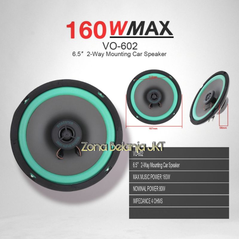 SPEAKER MOBIL 6.5 INCH 160WATT 2 WAY HIFI LOUDSPEAKER DUAL CONE VO-602 CAR SPEAKER