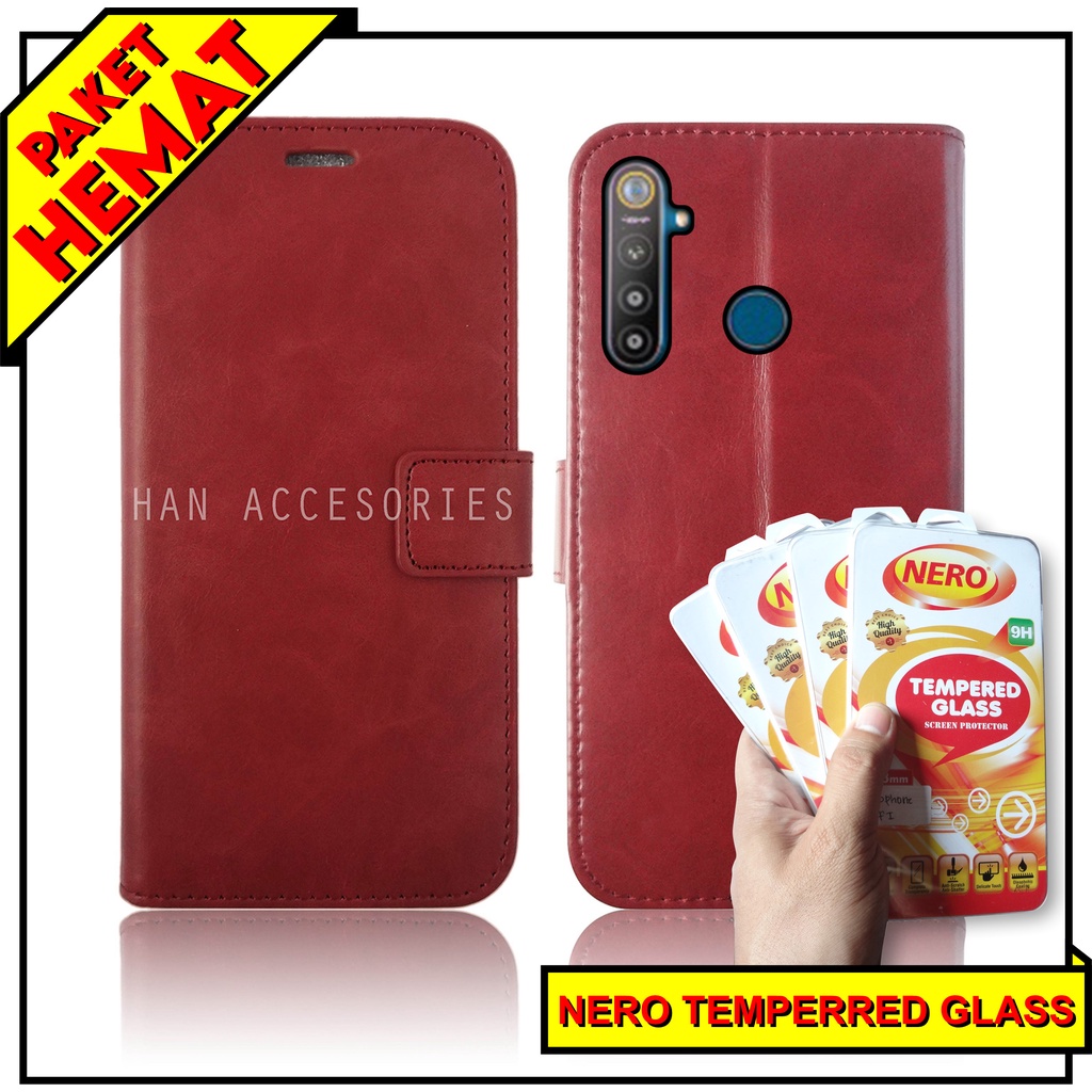 (PAKET HEMAT) Fashion Selular Flip Leather Case REALME 5/REALME 5i/C3/REALME 5 PRO/REALME 6 PRO Flip Cover Wallet Case Flip Case + Nero Temperred Glass